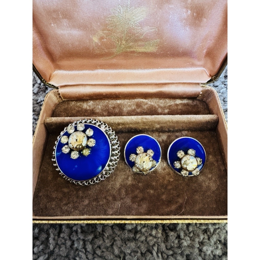 Vintage Eisenberg Brooch Pin and Clip On Earrings Set Cobalt Blue Silver Estate